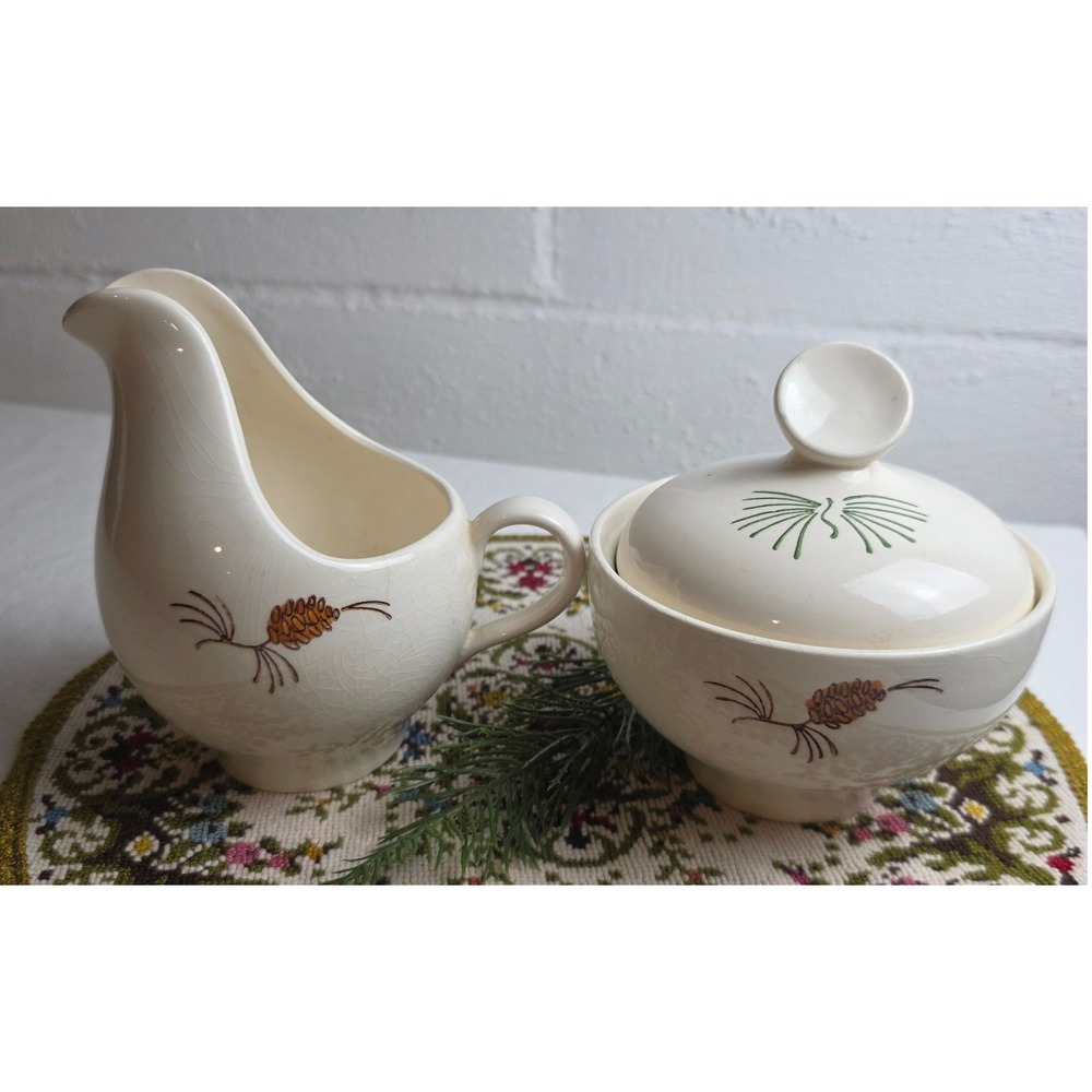 Vintage 1950s Stetson Marcrest Pine Cone Creamer Lidded Sugar Bowl Set MCM